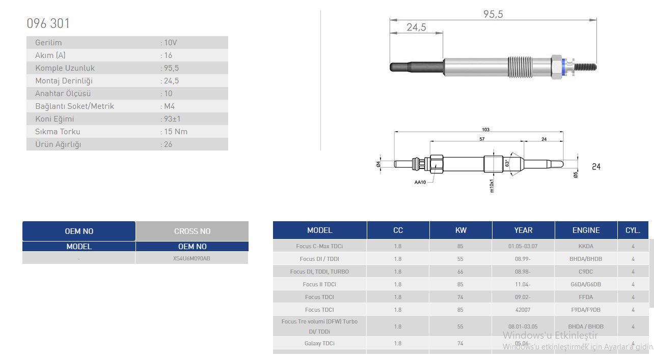 ET1 KIZDIRMA BUJİSİ 75-90PS 1.8TDCİ CONNECT-FOCUS ET1 XS4U 6M090 AB ET096301
